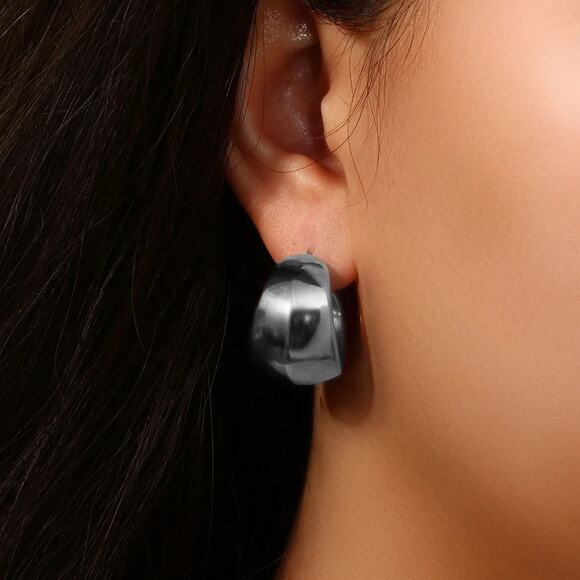 Silver Chunky Hollow C Shape‎ Hoop Earrings - Stainless Steel, Hypoallerg… - Picture 6 of 7